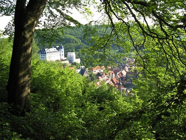 über den Fachwerkhäuschen im Tal thront das Stolberger Schloss, Blick vom oberen Bandweg