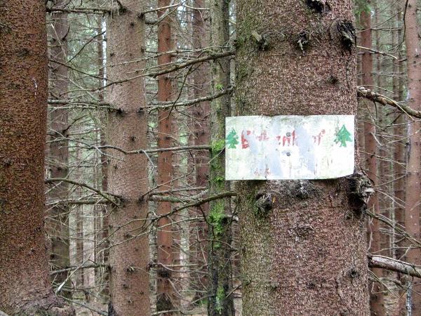 von Gipfelstürmen in Mitleidenschaft gezogenes Hinweisschild